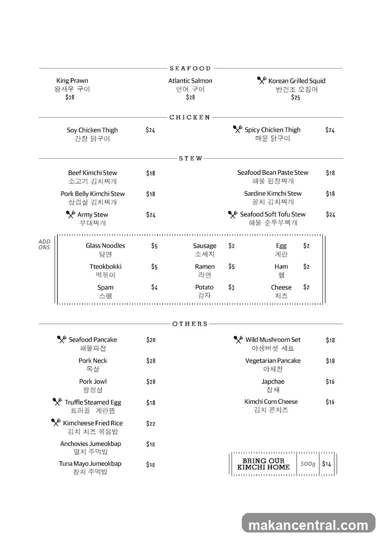 Seafood and Korean Menu