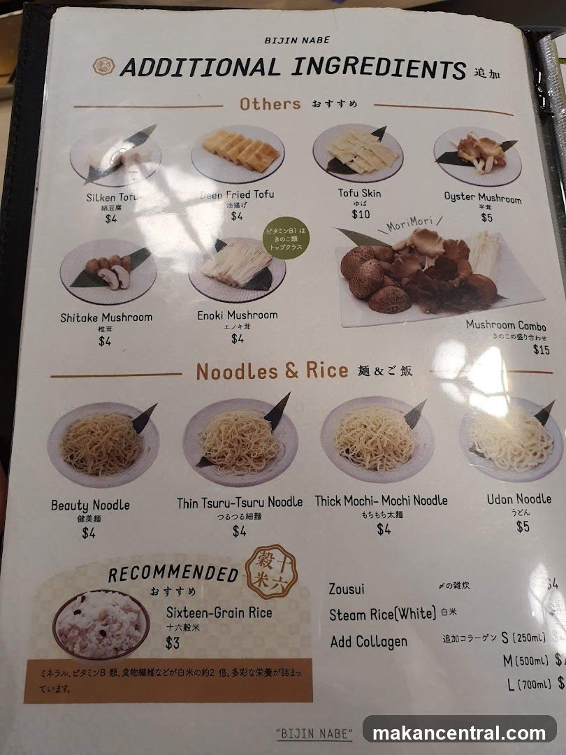 Bijin Nabe Additional Ingredients and Noodles & Rice Menu