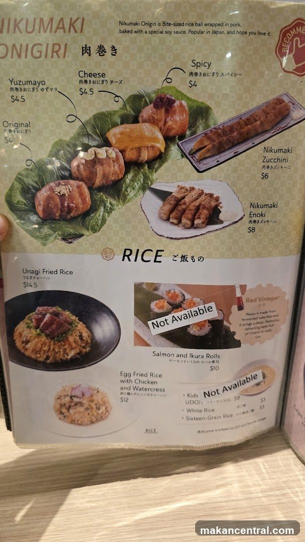 Nikumaki Onigiri and Rice Menu