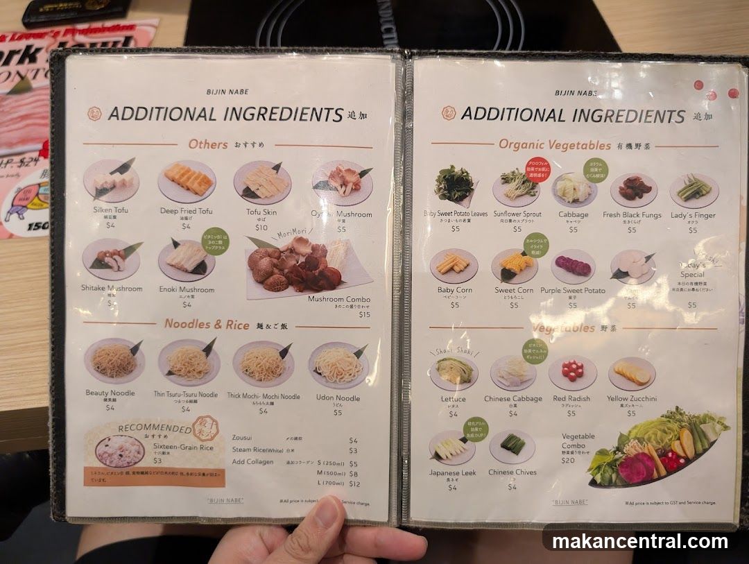 Bijin Nabe Additional Ingredients Menu