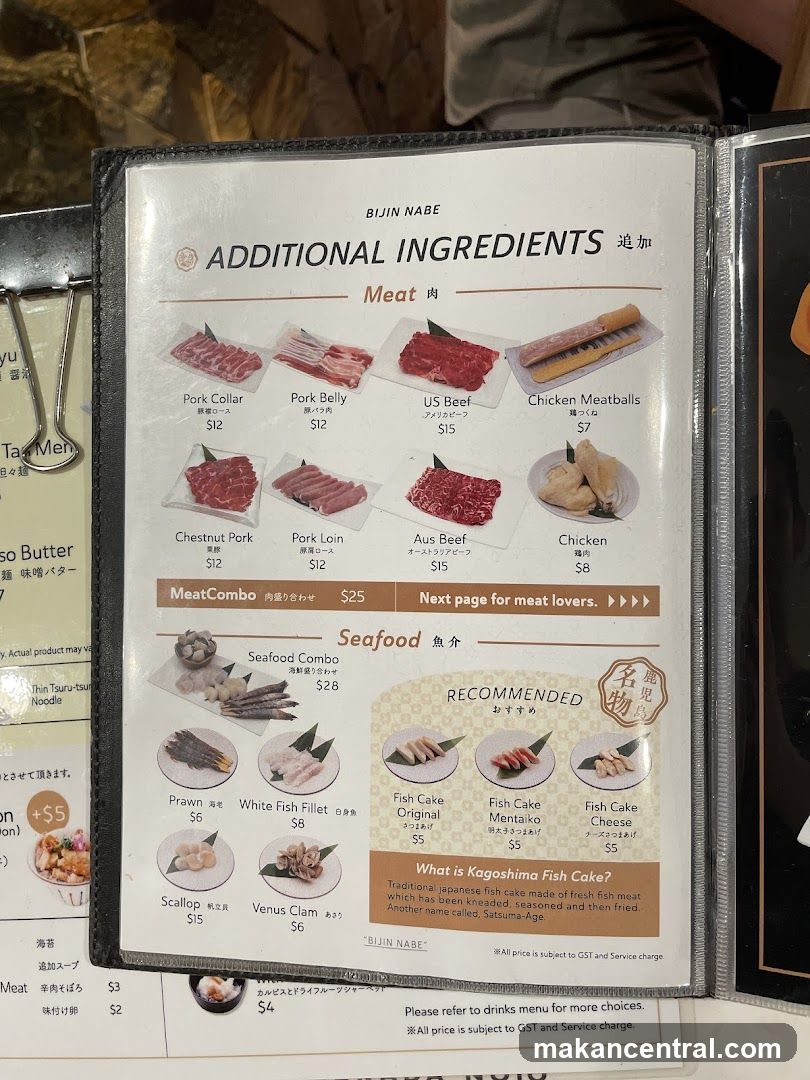 Bijin Nabe Additional Ingredients Menu