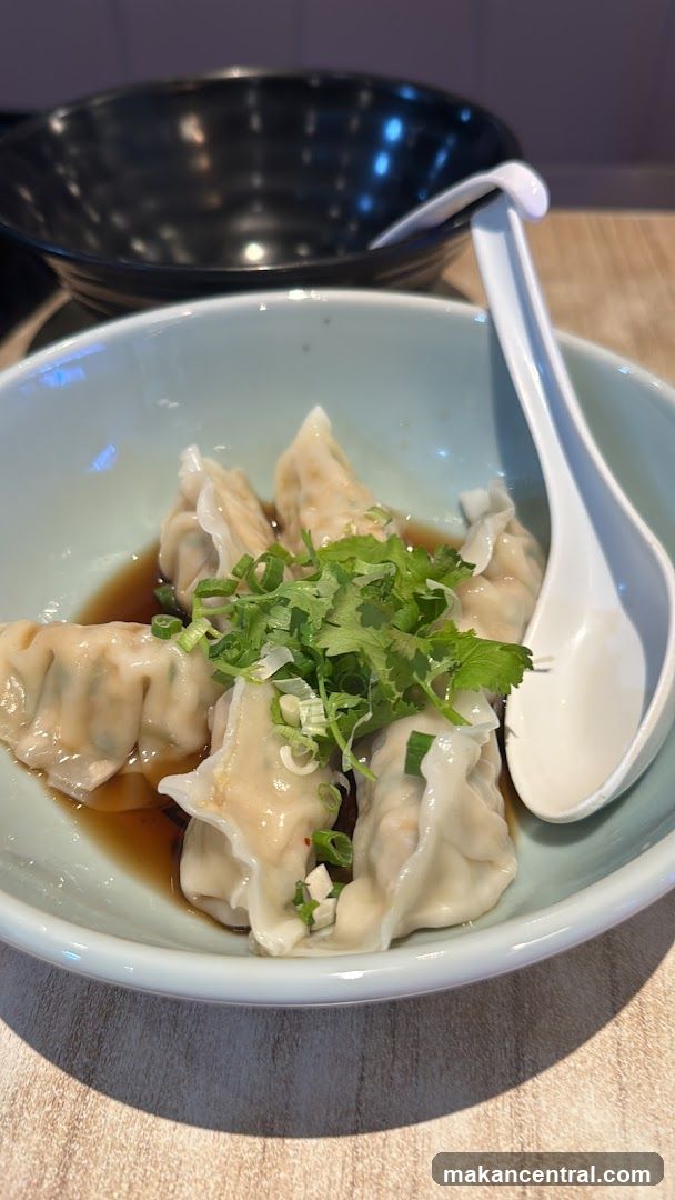 Dumplings in bowl with garnish