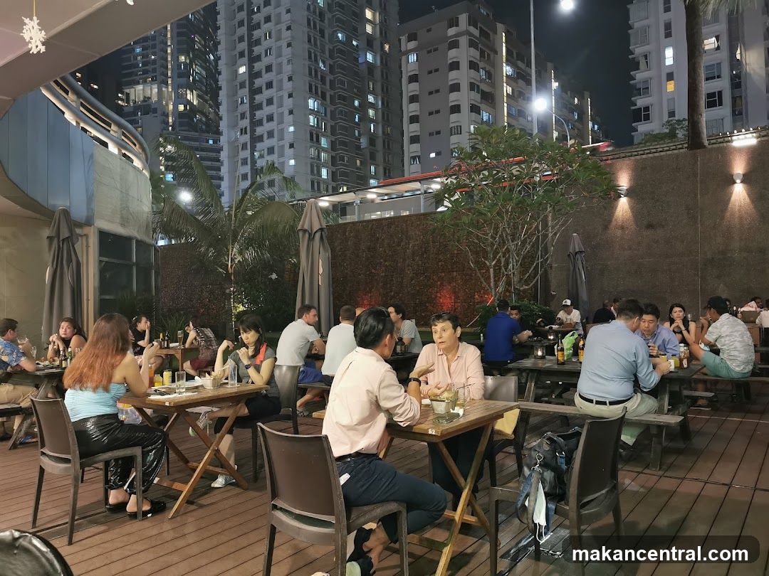 Outdoor dining area at night
