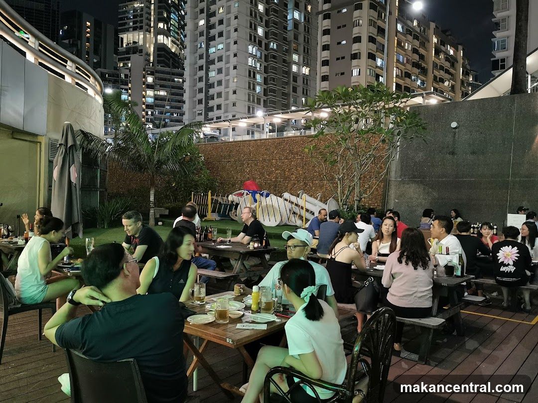 Outdoor dining area at night