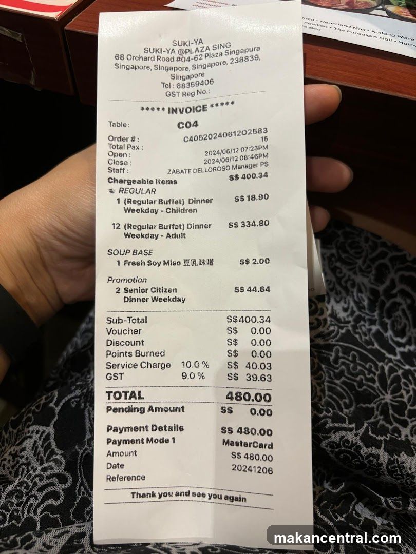 Suki-Ya @Plaza Sing Receipt