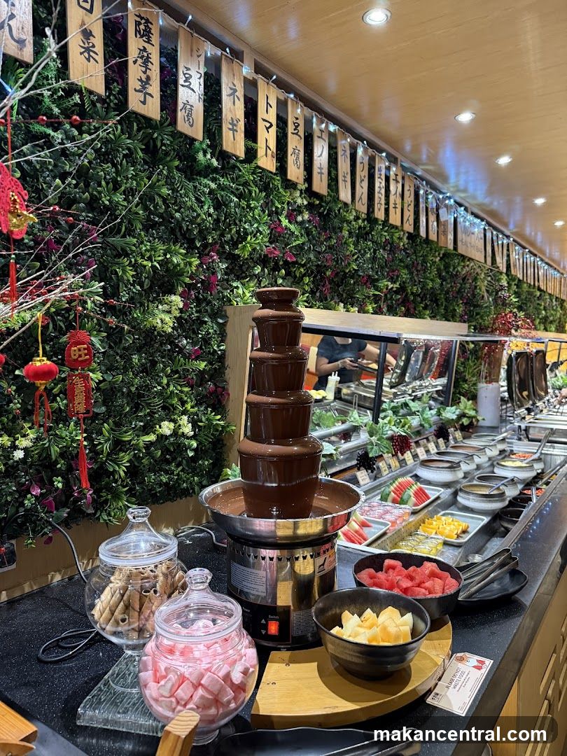 Restaurant Interior with Chocolate Fountain and Buffet