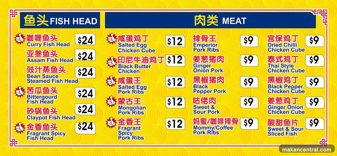 A colorful yellow menu board with Chinese and English text, divided into two sections: '鱼头 FISH HEAD' and '肉类 MEAT'. Each section lists dishes with prices in USD.
