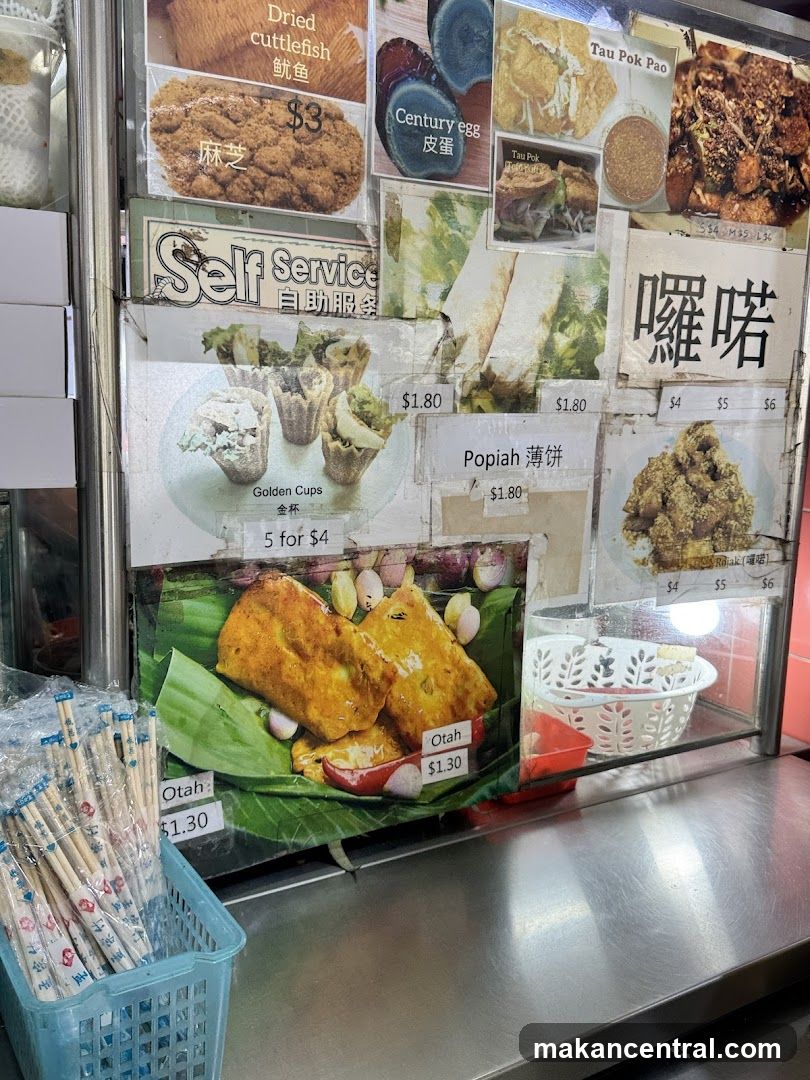 Food stall display with printed menus and products