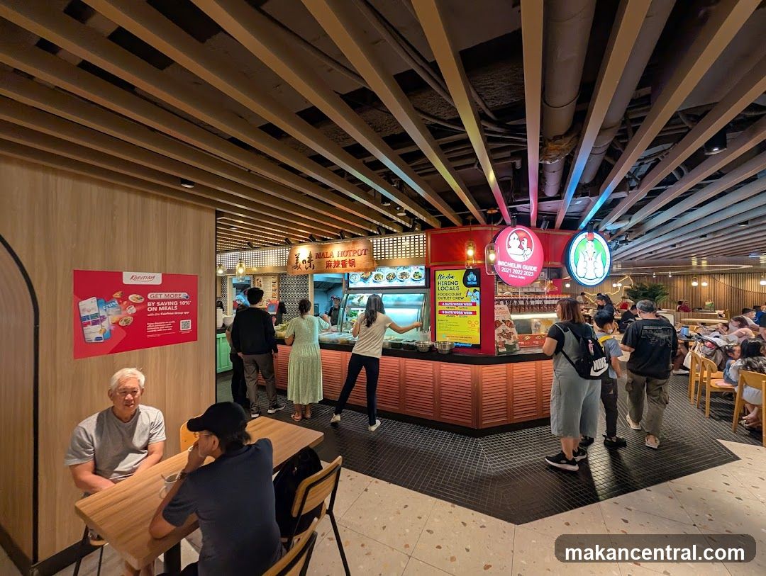 Food court interior with multiple stalls