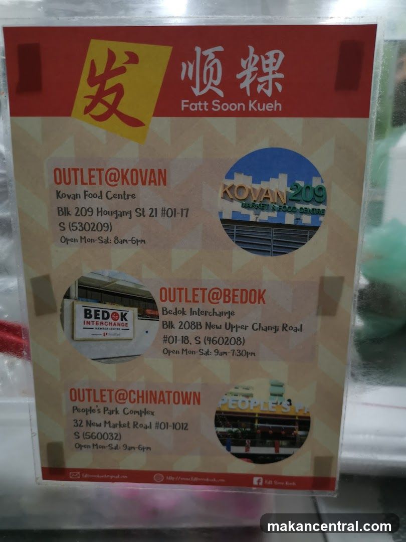 A printed promotional poster for Fatt Soon Kueh listing three outlet locations: Kovon Food Centre, Bedok Interchange, and Chinatown People's Park Complex. Each location includes address, postal code, and operating hours (Mon-Sat). The poster features small photos of the respective buildings' exteriors with signage. Contact email and website are at bottom.