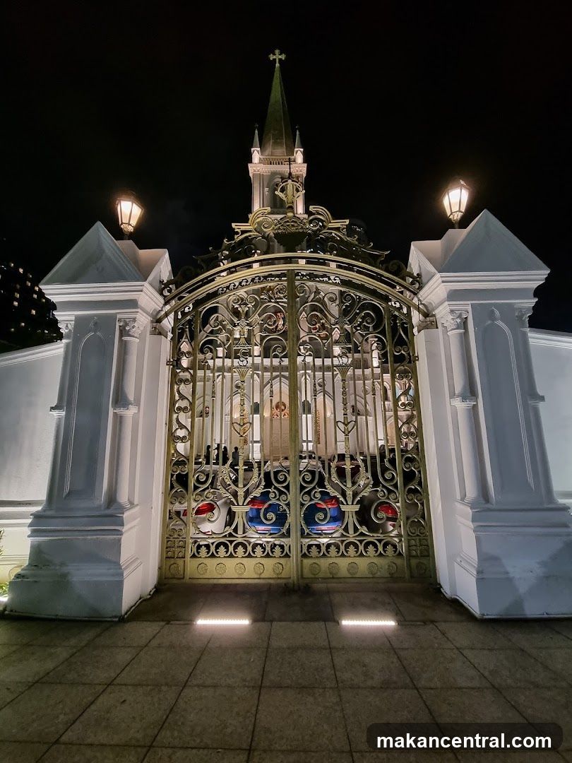 Nighttime View of Ornate Church Entrance