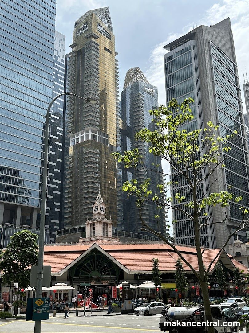 Urban skyline with historic market building