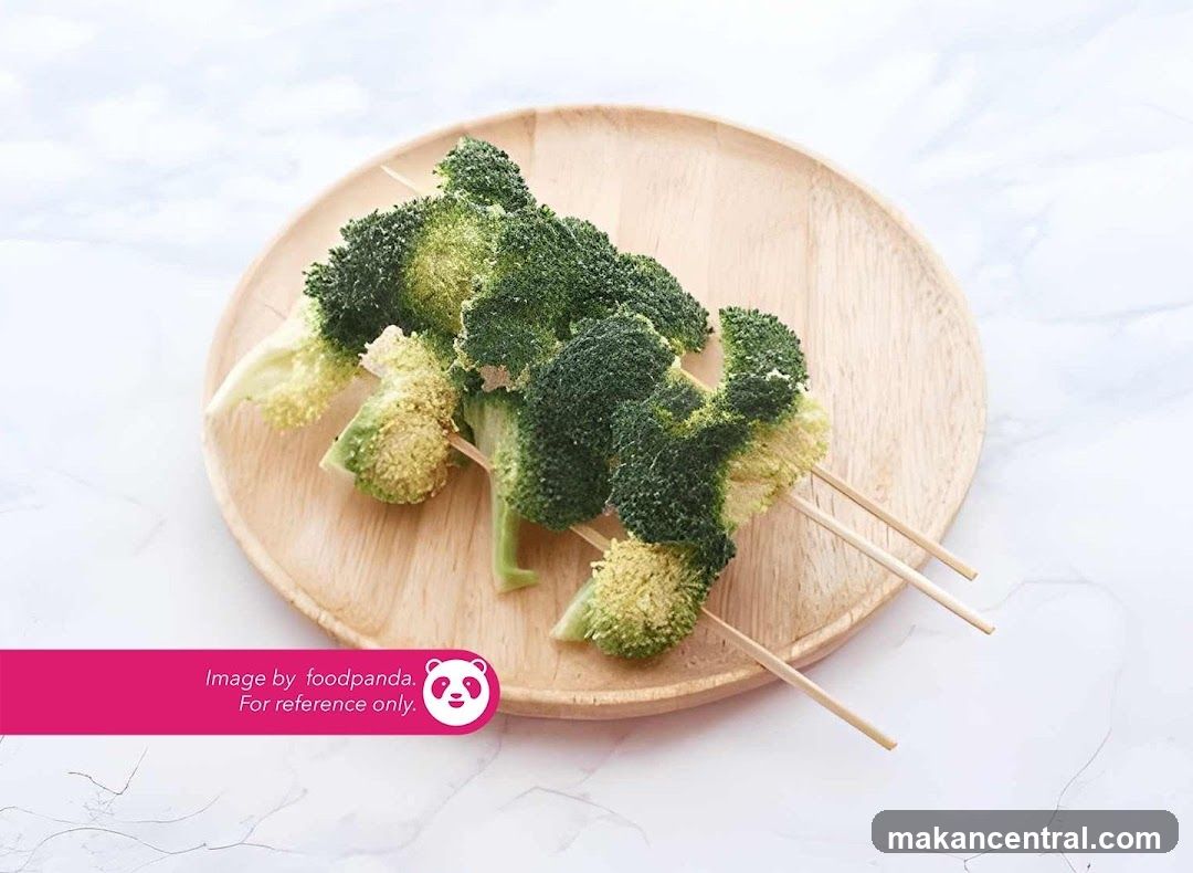 Broccoli Skewers on Wooden Plate