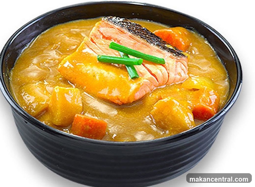 Salmon Curry in Black Bowl