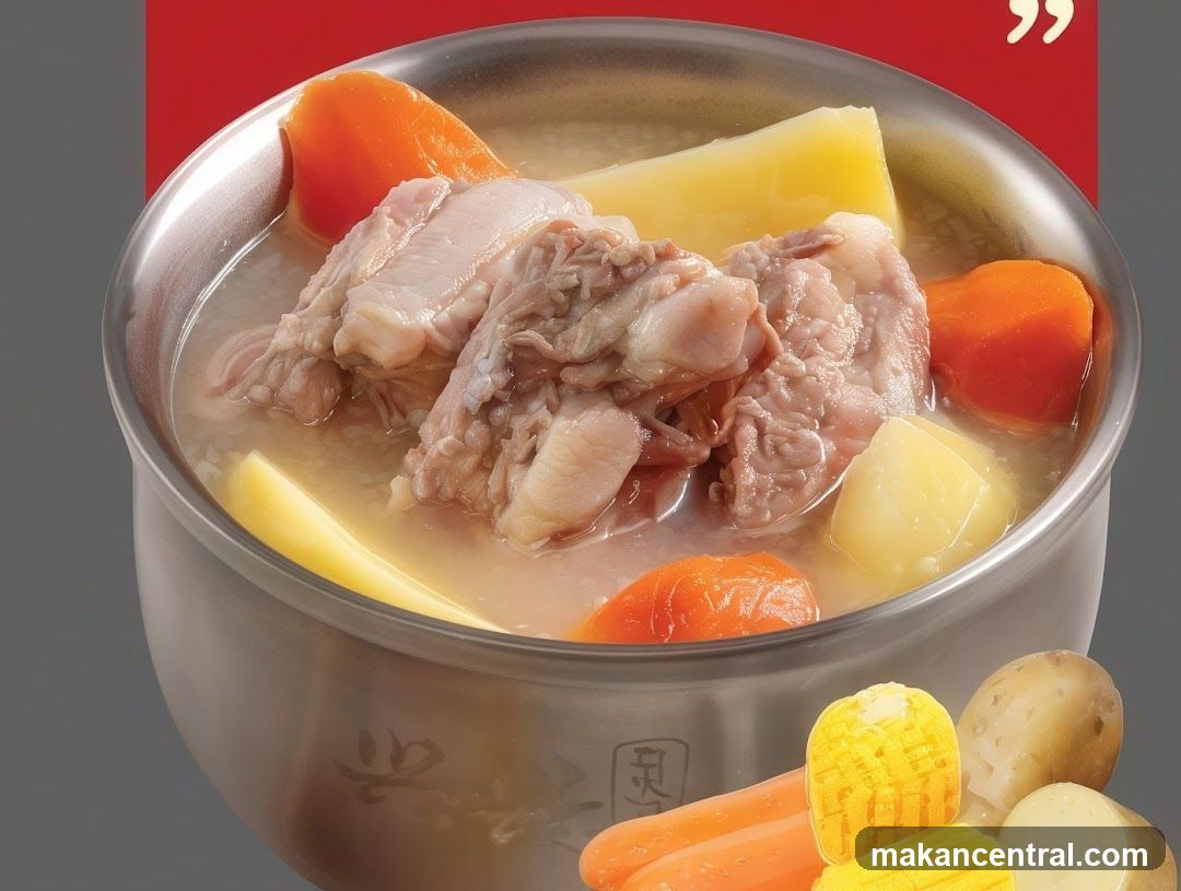 A close-up photograph of a metal bowl containing chicken pieces, carrots, potatoes, and yellow vegetables in broth. The image includes decorative elements like additional vegetables at the bottom right corner and a red background with quotation marks in the top right. No shop front or menu is visible.