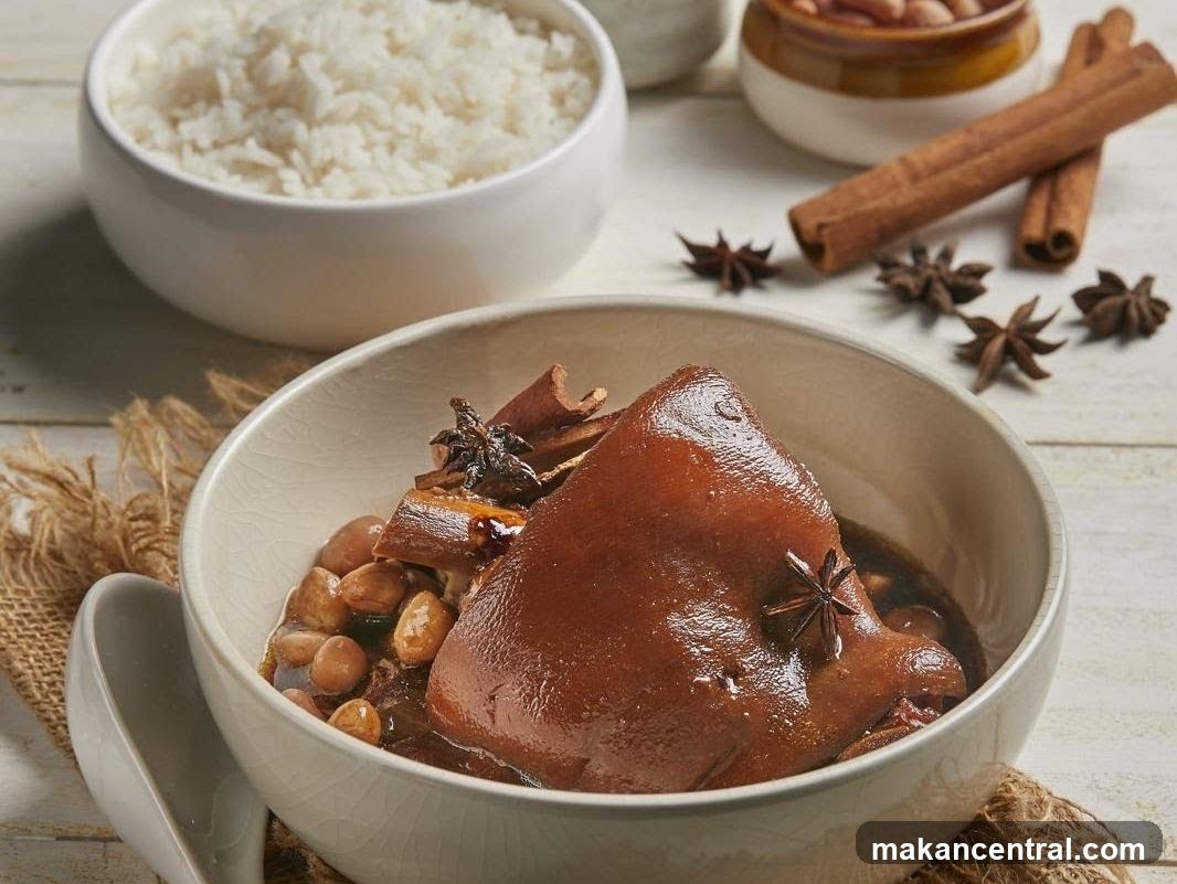 A close-up shot of a bowl containing braised pork with spices like star anise and peanuts, accompanied by a side of white rice. Cinnamon sticks and additional star anise are scattered nearby on a rustic wooden surface. The dish is served in a ceramic bowl with a handle, placed on a jute mat.
