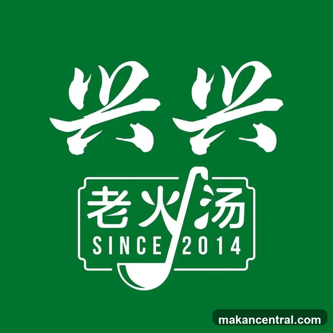 White stylized Chinese characters '兴兴' above a rectangular frame containing the text '老火汤 SINCE 2014'. A ladle icon is integrated into the design. The background is solid green.