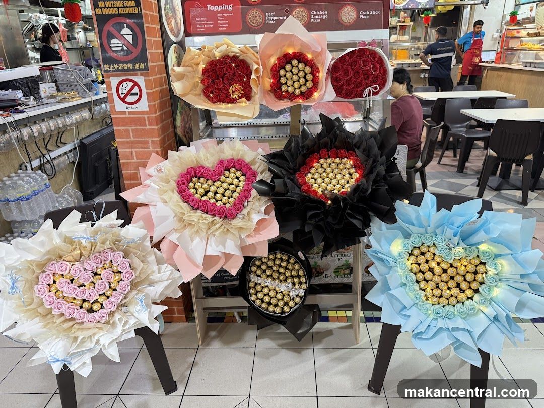 Flower Bouquets Displayed in Food Court