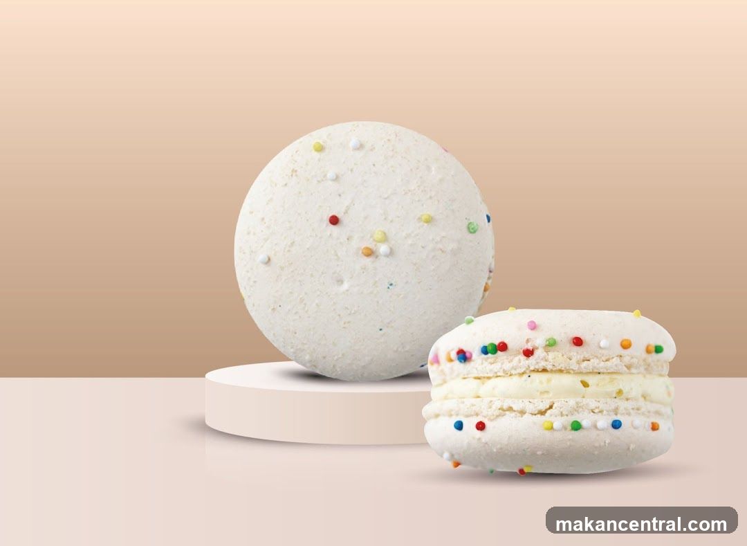 Two white macarons with sprinkles