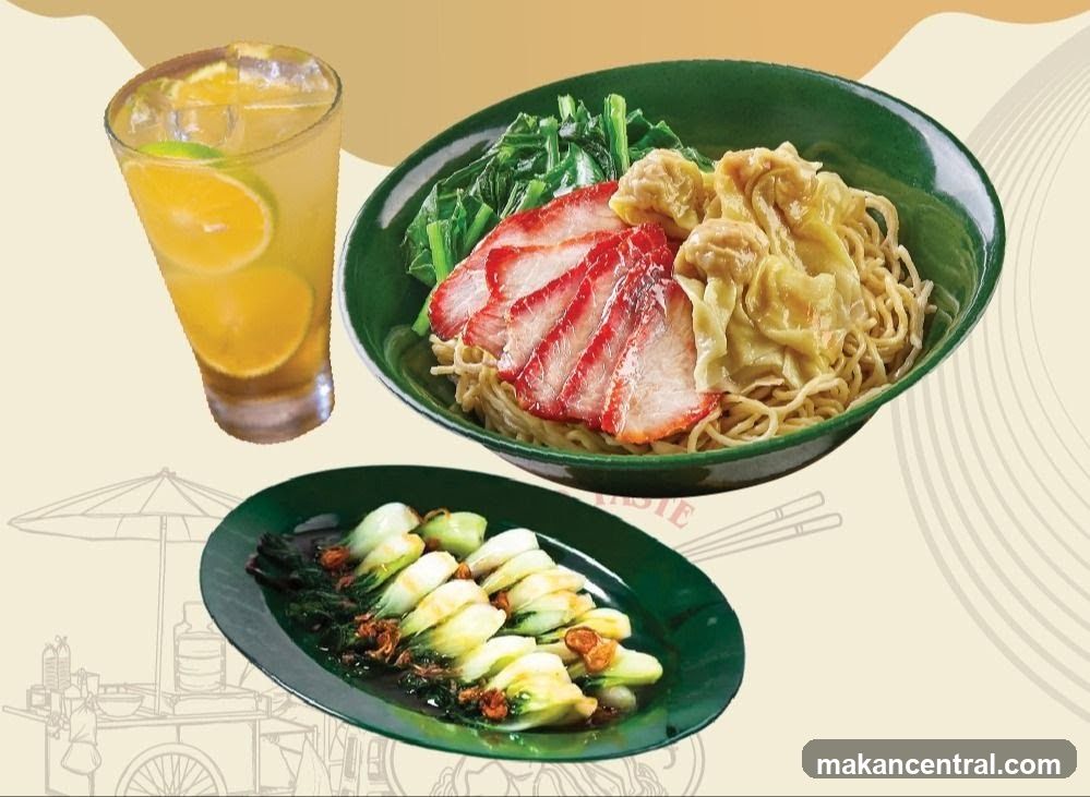 Noodle Dish with Drink and Vegetables