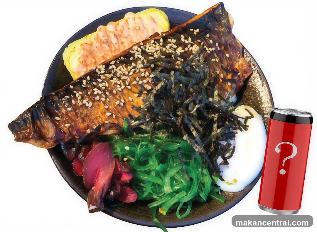 Mackerel Rice Bowl with Side Dish and Drink