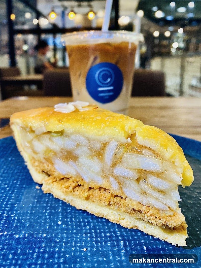 Slice of pie with iced coffee