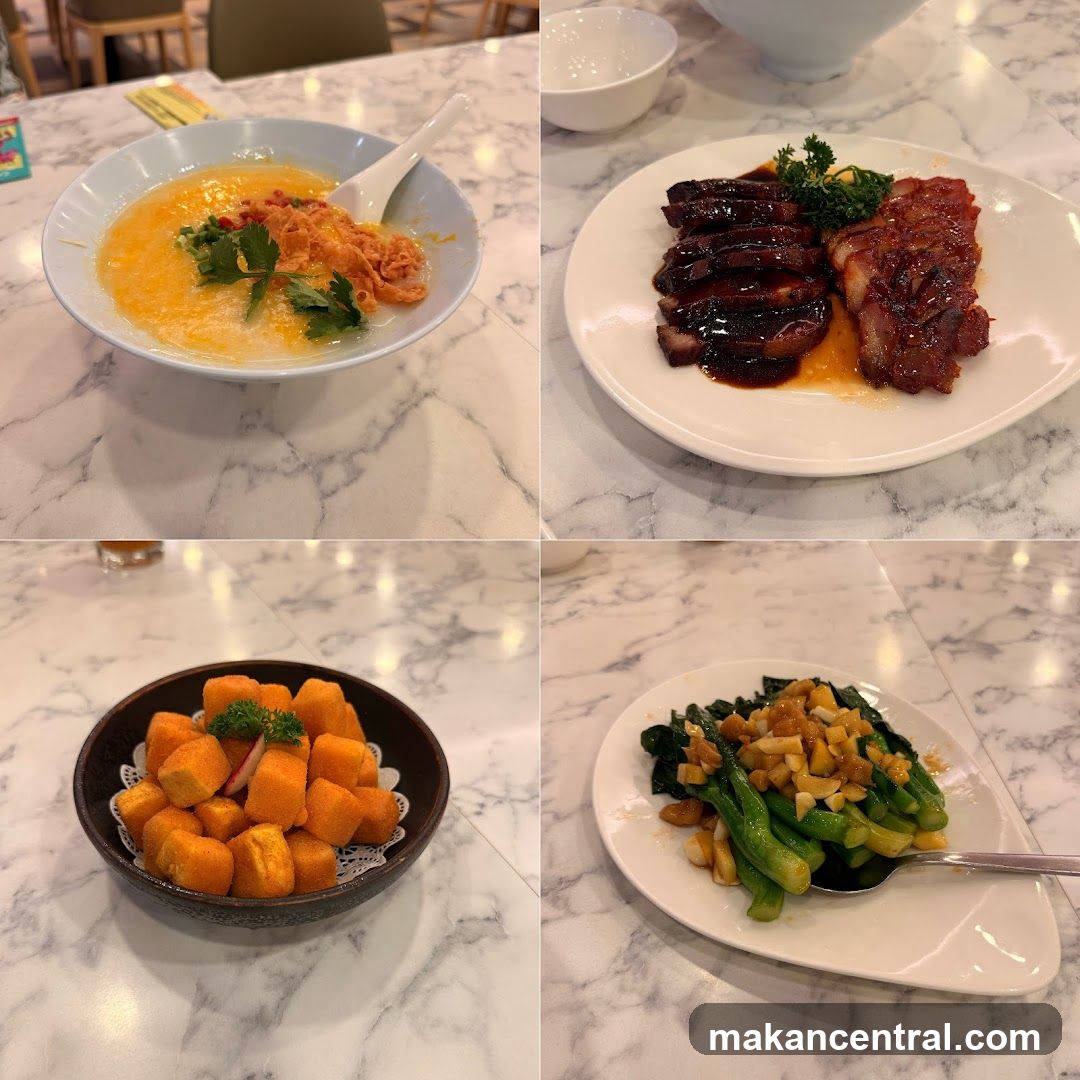 Four dishes on a marble table