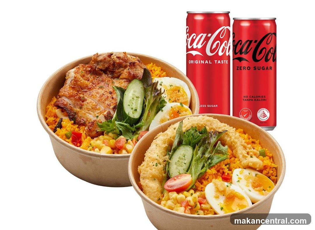 Two rice bowls with grilled chicken and sides, and two cans of Coca-Cola