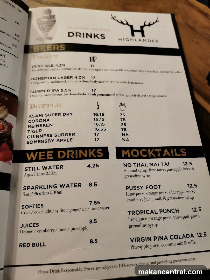 Highlander Drinks Menu