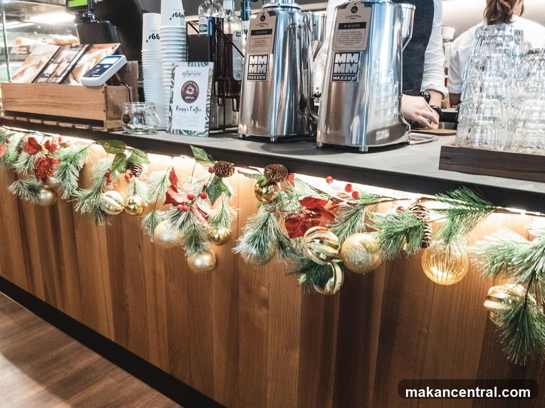 Coffee shop counter with Christmas decorations