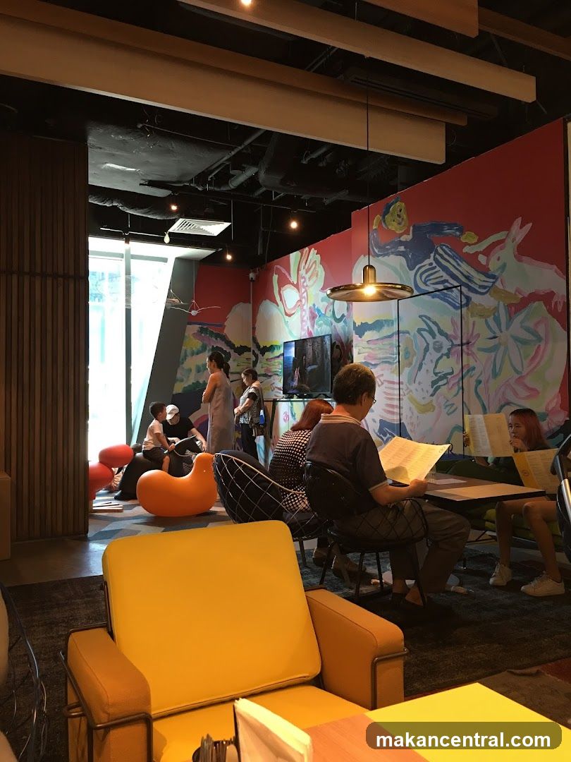 Modern Cafe Interior with Colorful Mural