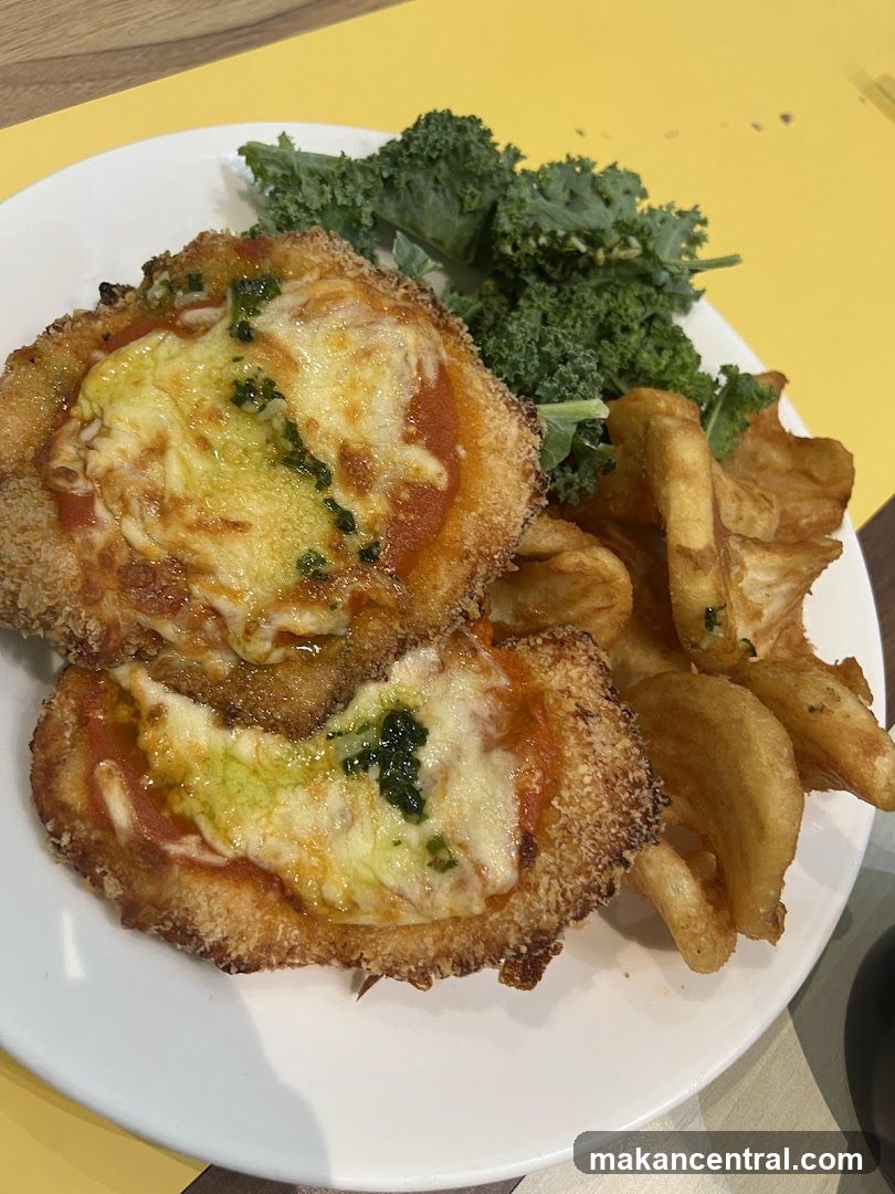 Chicken Parmigiana with Fries and Kale