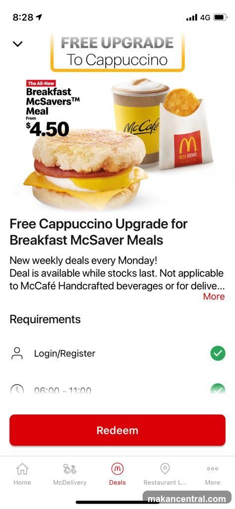 Free Cappuccino Upgrade for Breakfast McSaver Meals