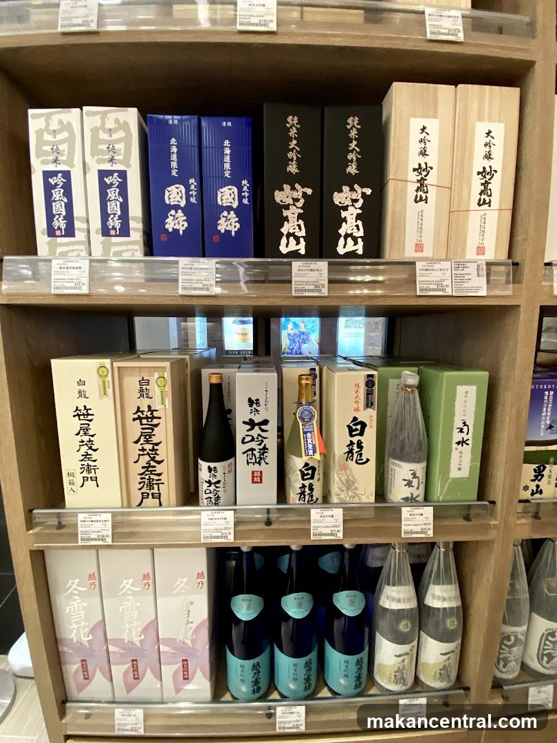 Sake Bottles and Boxes on Shelves