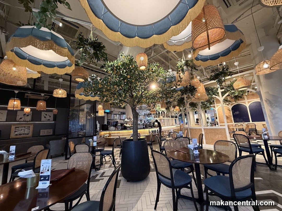 Restaurant Interior with Decorative Lighting and Trees