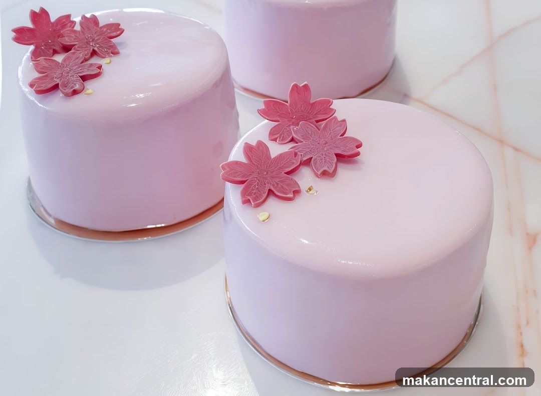 Pink Mirror Glaze Cakes with Cherry Blossom Toppers