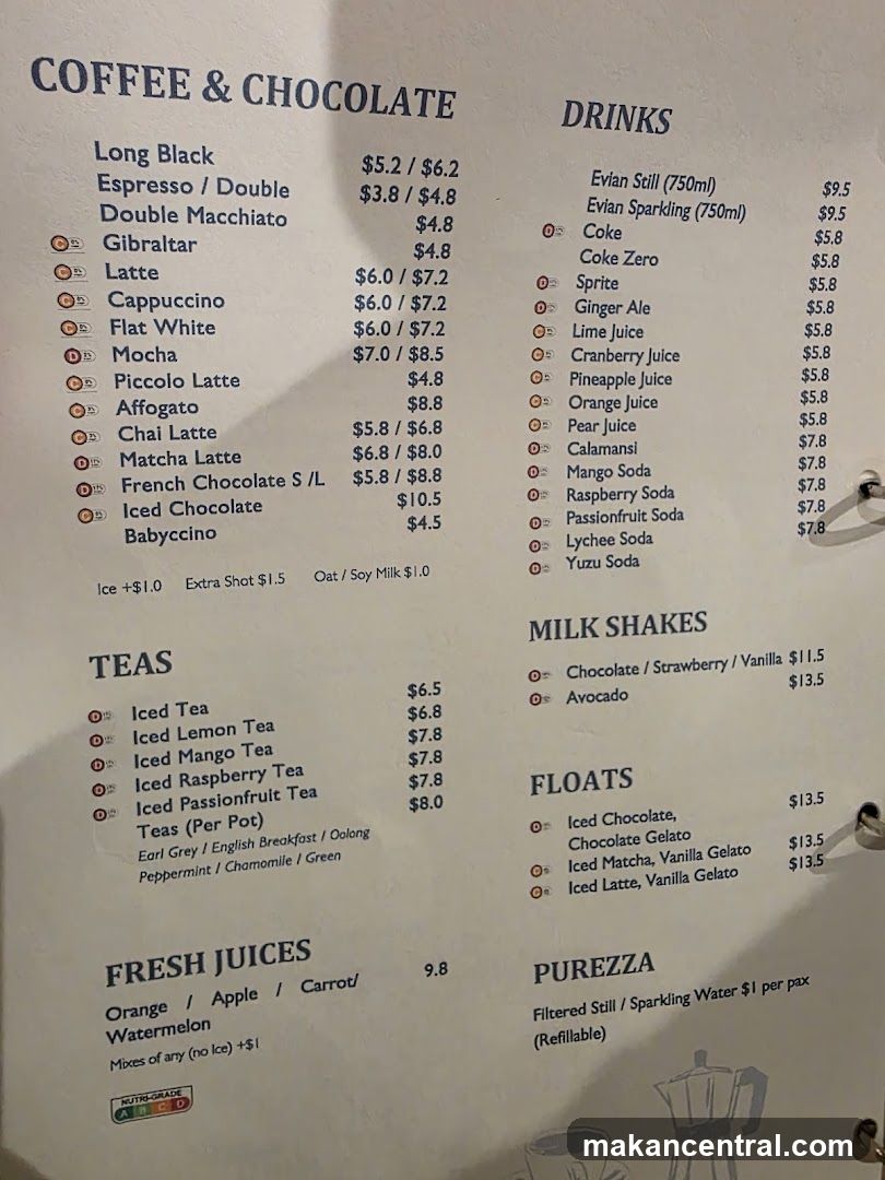 Coffee & Chocolate, Drinks, Teas, Milk Shakes, Floats, Fresh Juices, Purezza