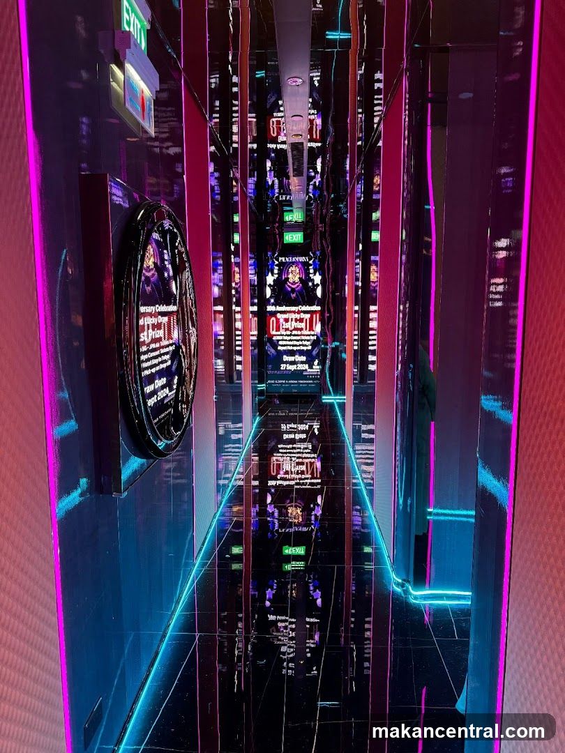Reflective Hallway with Neon Lights