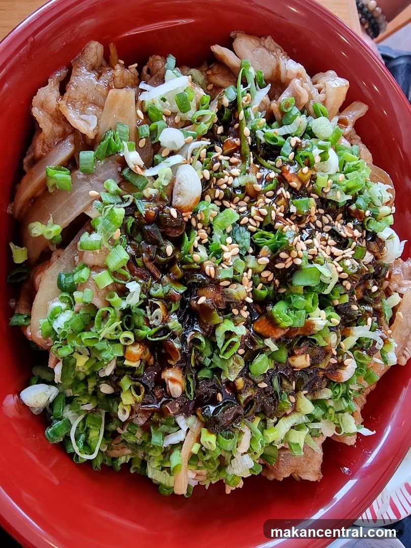 Bowl of Meat and Rice Topped with Scallions and Sesame Seeds
