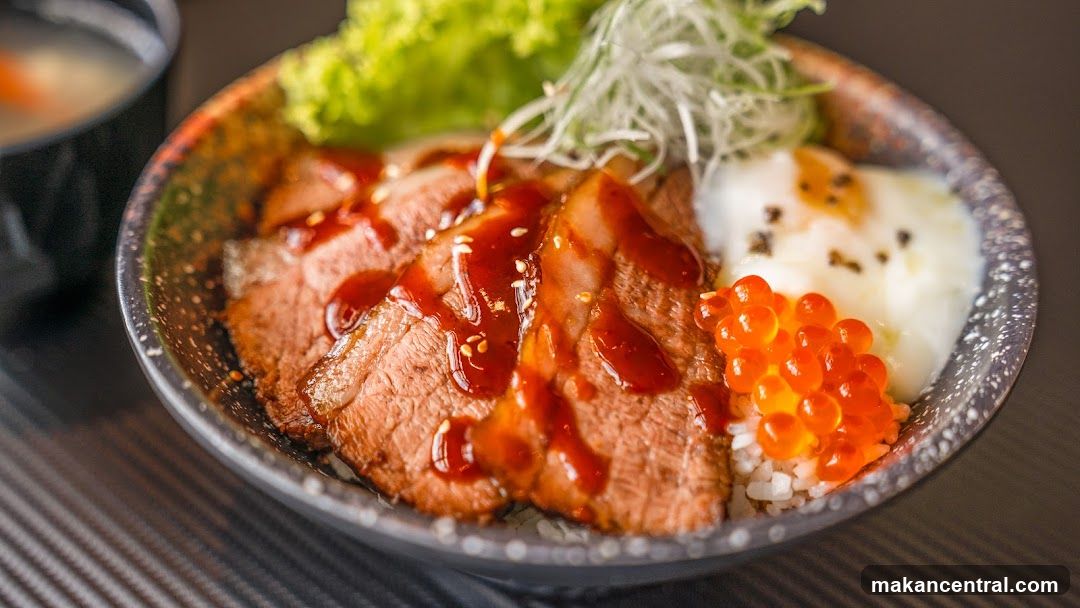 Beef Donburi with Ikura and Onsen Tamago