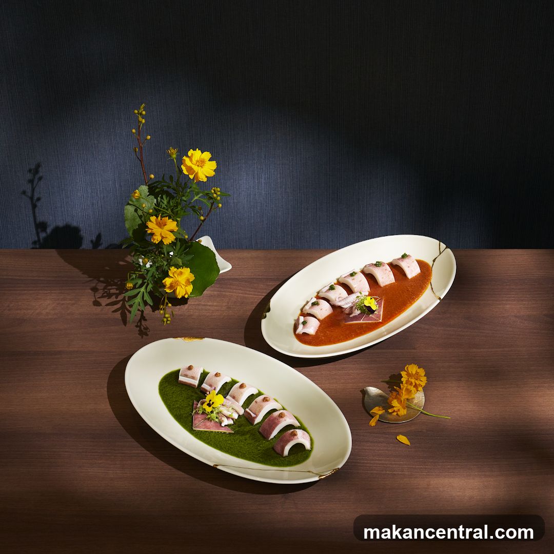 Two oval dishes of sliced food with sauce and garnish