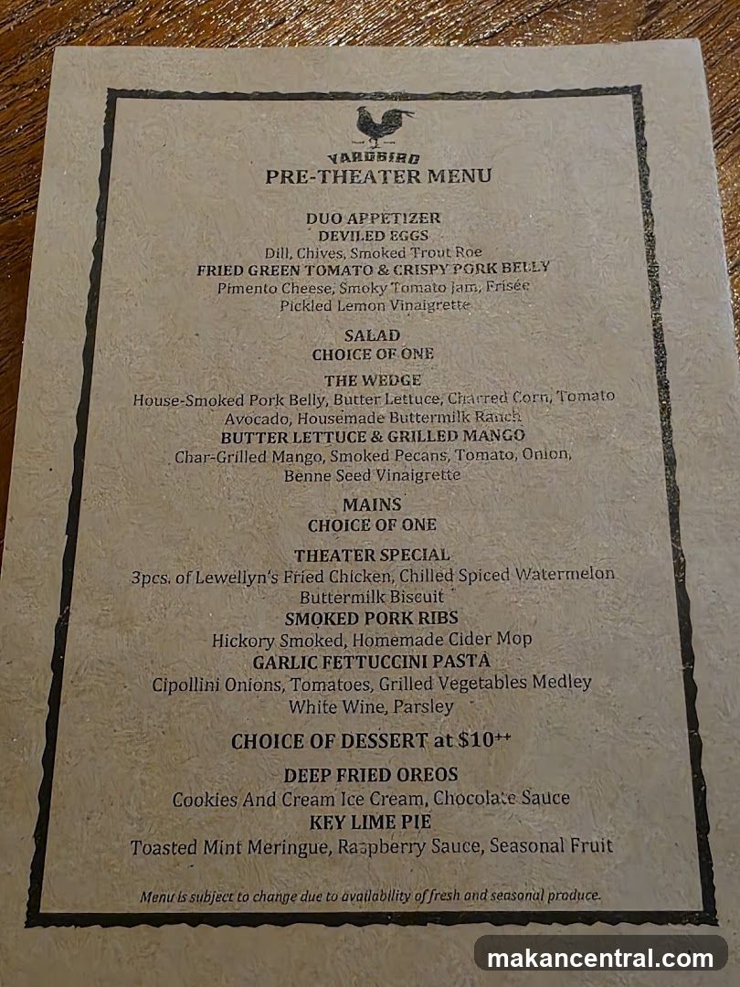 YARDBIRD PRE-THEATER MENU