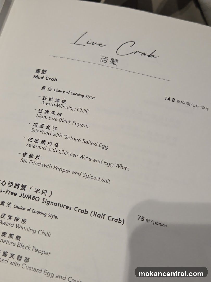 Live Crab Menu