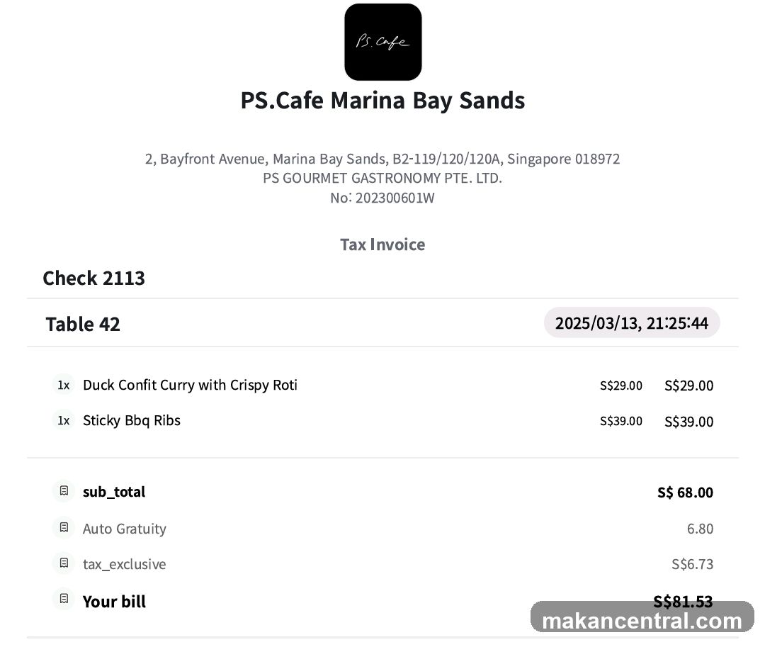 PS.Cafe Marina Bay Sands Tax Invoice