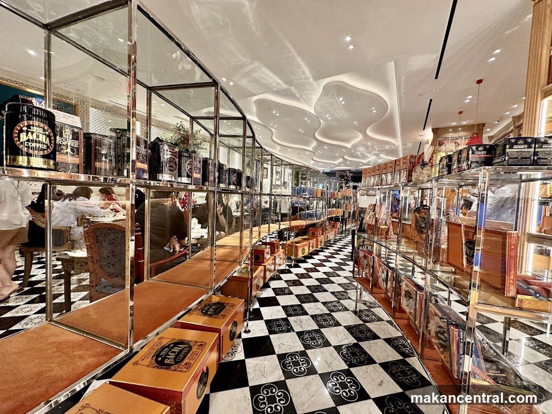 Interior of a store with shelves of coffee and honey products