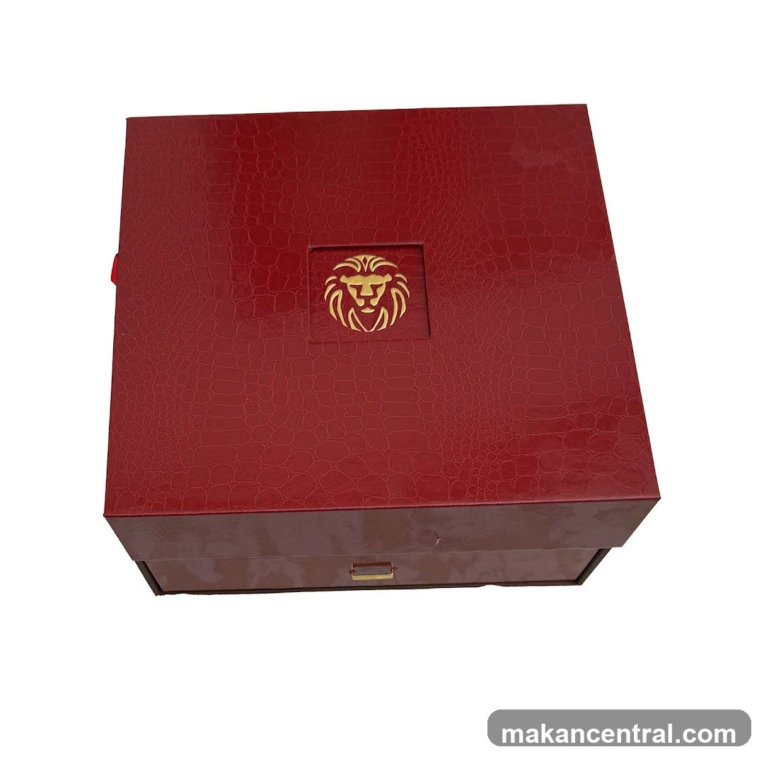 Red gift box with lion emblem