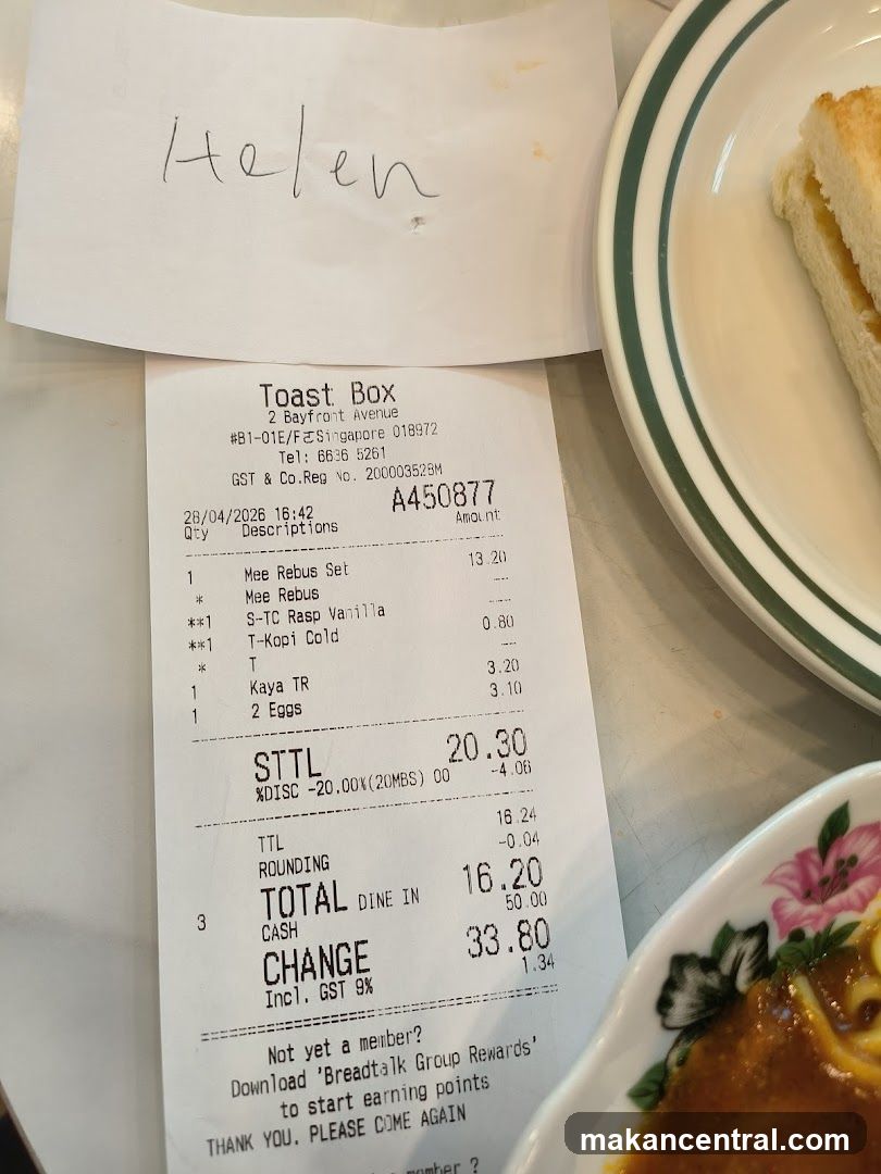 Receipt from Toast Box