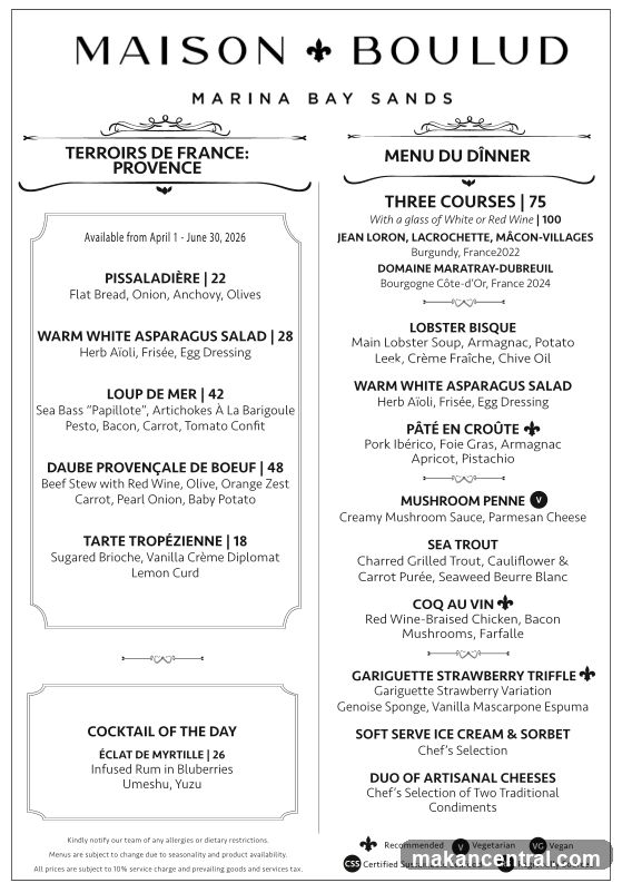 MAISON BOULUD MENU DU DINNER