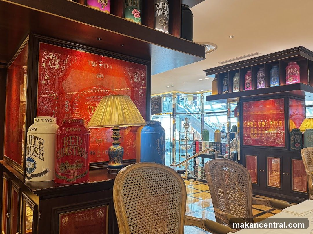 Tea shop interior with decorative tins and seating