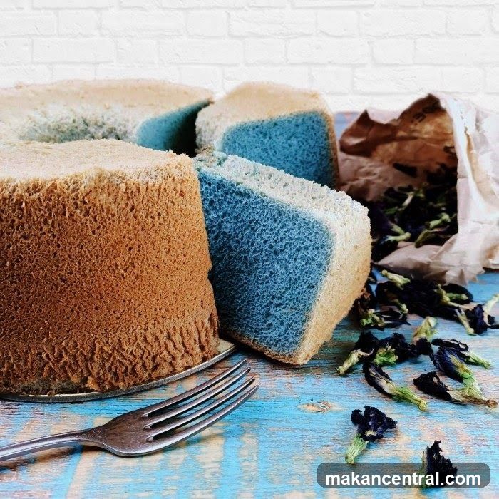 Chiffon Cake Slices with Butterfly Pea Flowers